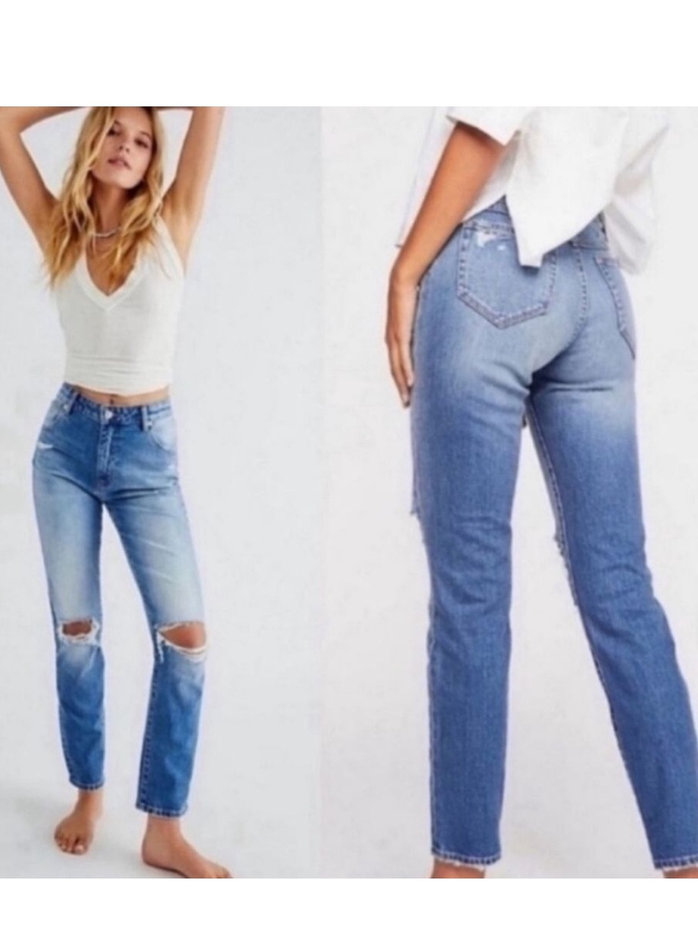 Free People X Rollas Mid High Rise Slim Miller Jeans Size Distressed Holey 28
